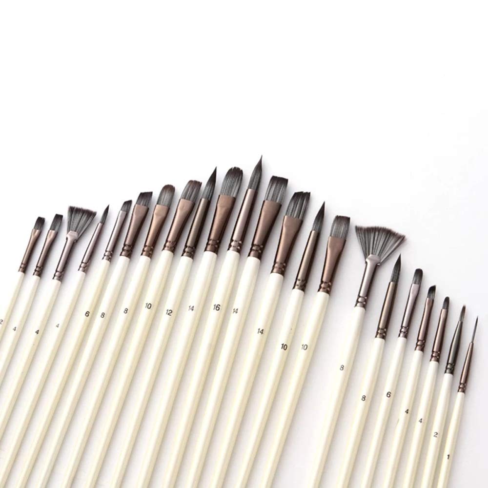 Pinsel-Set, 24 Nylon-Haarbürsten mit Holzgriffen für Aquarell-, Öl- und Acrylmalerei, inklusive Schaber und Scheuerbürste