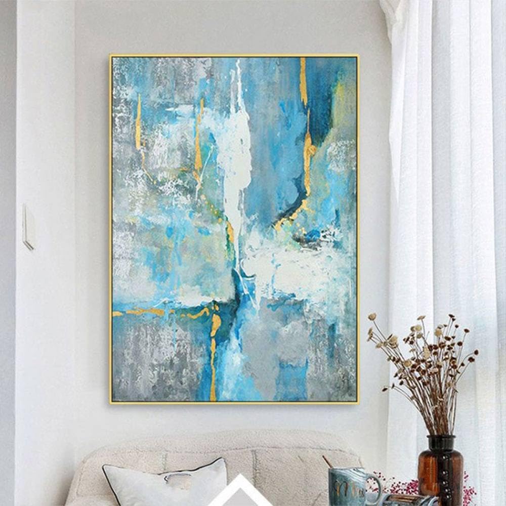 Peinture à l'huile faite à la main : grand tableau bleu abstrait sur toile