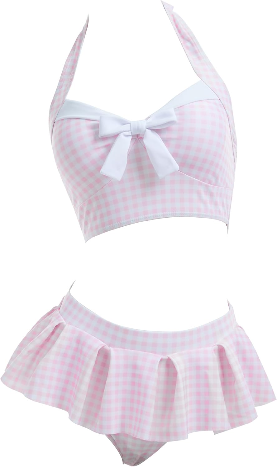 Women's Bikini Sets 50's Retro Vintage High Waist Plaid Self-Halter Bathing Suit with Headband