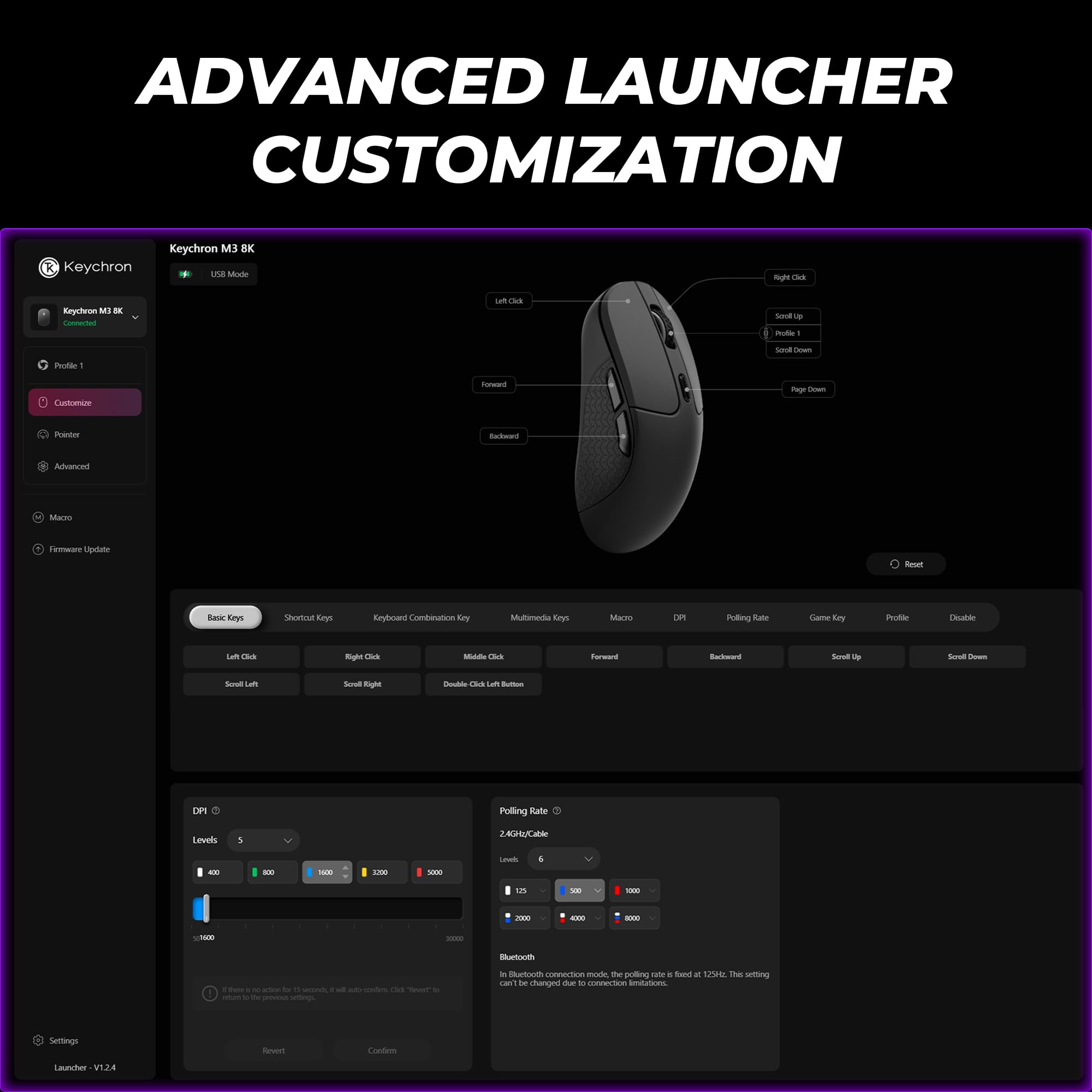 Keychron M3 Mouse da gioco ottico wireless, sensore PixArt Paw 3950, 30000 dpi 2.4 GHz/Bluetooth 5.3, retroilluminazione a LED RGB, 79 g pulsante macro programmabile leggero per Windows PC/Mac - Nero