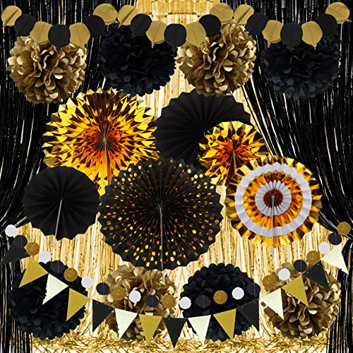 ZERODECO Gold Schwarz Partydekorationen, Papierfächer Pom Poms Girlande String Banner Fransenvorhänge Geburtstagsfeiern Abschluss Happy New Year Eve Party Dekorationen Cover