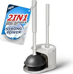 2 in 1 Toilet Plunger and Brush Set,Extended Handle Plunger,Toilet Bowl Brush Plunger Set,Bathroom Cleaning Tools,Cleaning Brush,Toilet Brush Plunger Combo,Cream Grey(21inch)