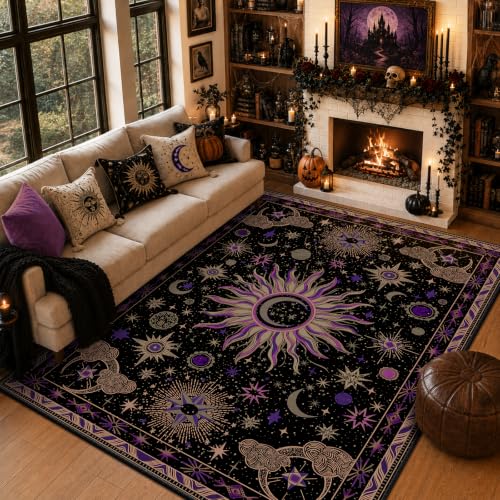 Image of Vacuum-Friendly, 8x10 Washable Area Rug, Black Purple Beige