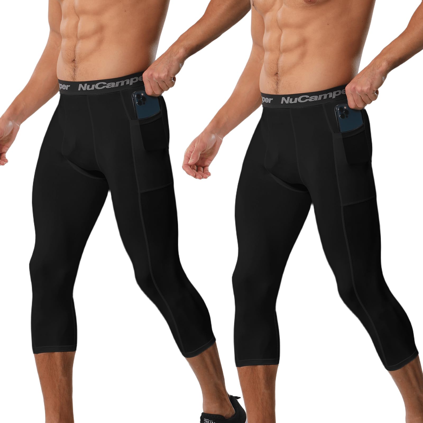 NuCamper Mallas Hombre 3/4 Leggings Pantalones de Compresión para Hombre con Bolsillo, Pantalones Deportivas de Compresión, Capa Base de Secado Rápido para Gimnasio Entrenamiento