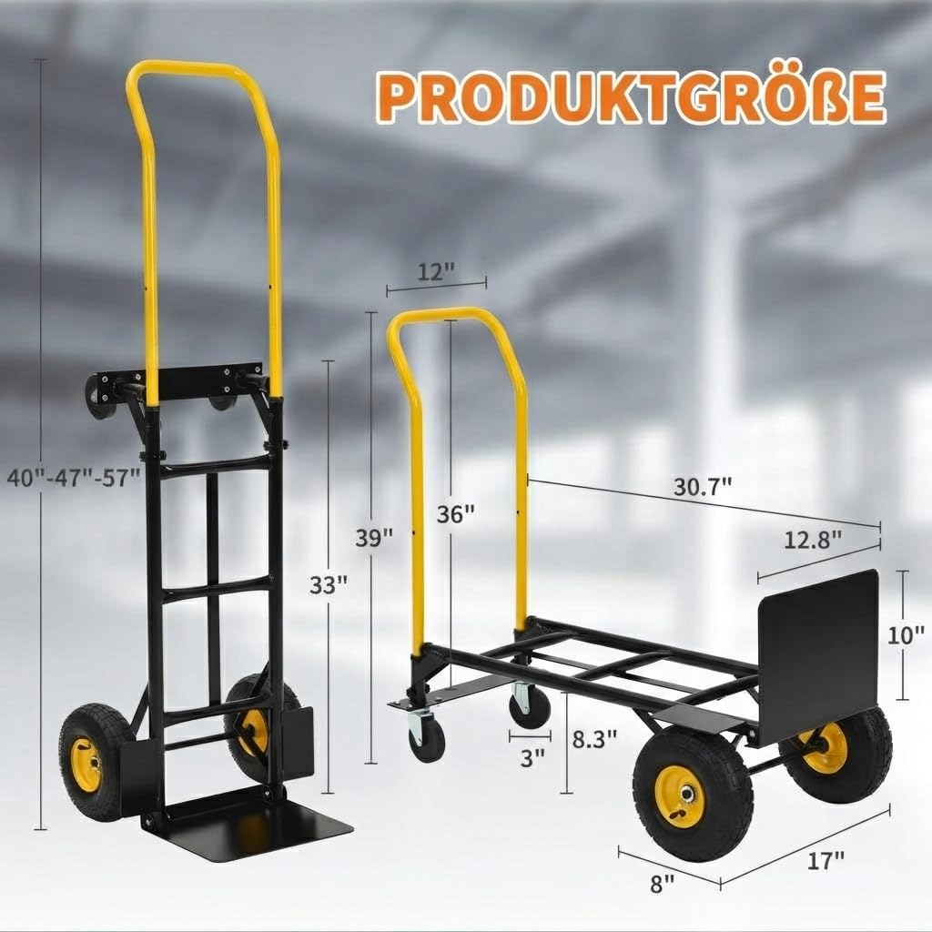 2-in-1 Transportwagen Handwagen Faltbar Mit 4 Pannensicheren Rädern, Schwerlast Tragkraft 362kg – Ideal Für Umzug, Lager, Büro & Industrie, Schwarz Gelb
