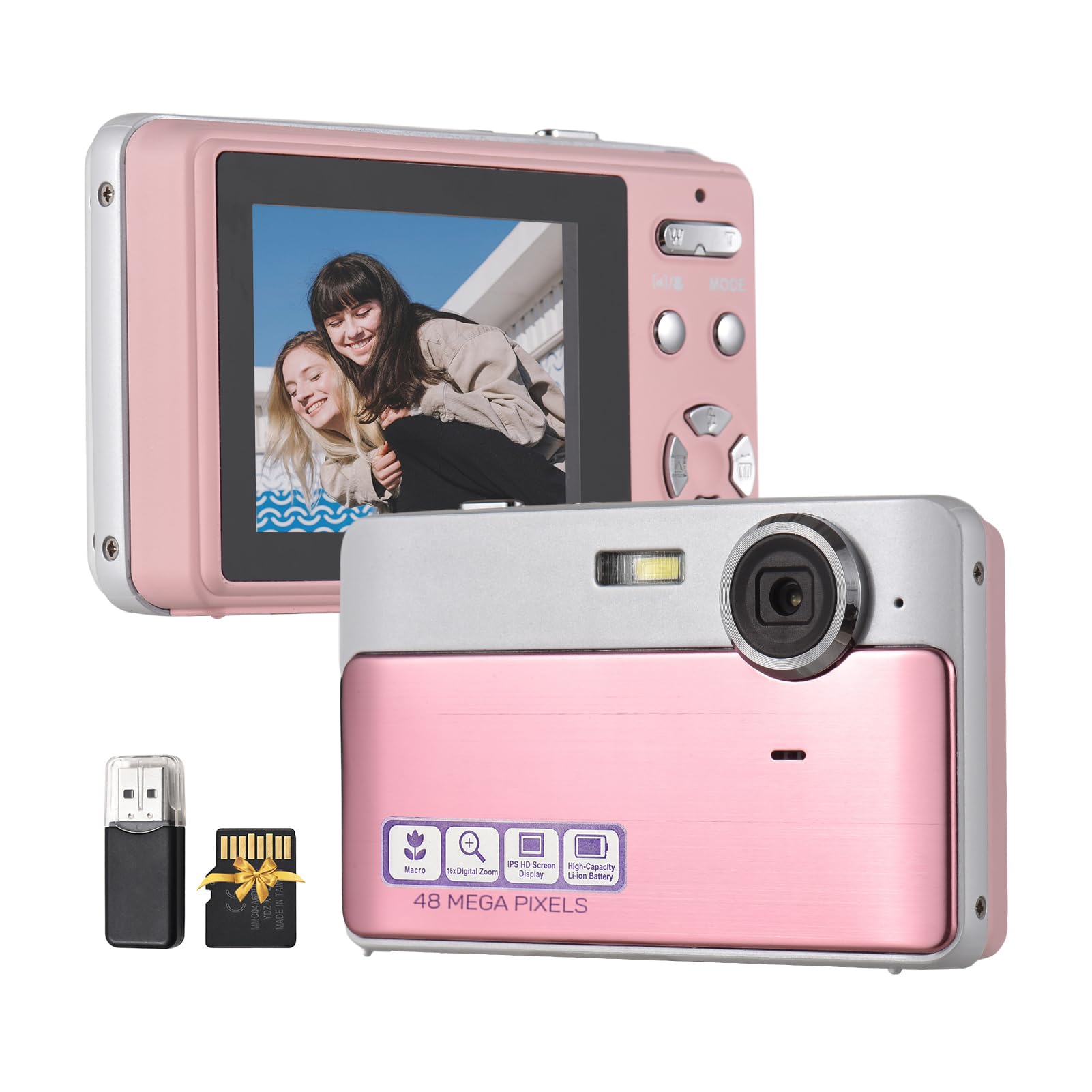 Aparat cyfrowy 1080p 48MP Dzieci Kamera wideo 2,4 -calowa ekran Auto Focus 16x Zoom Wbudowany w baterię 32 GB karta TF Czytnik USB Urodzin Birth Black Pink (Różowy)
