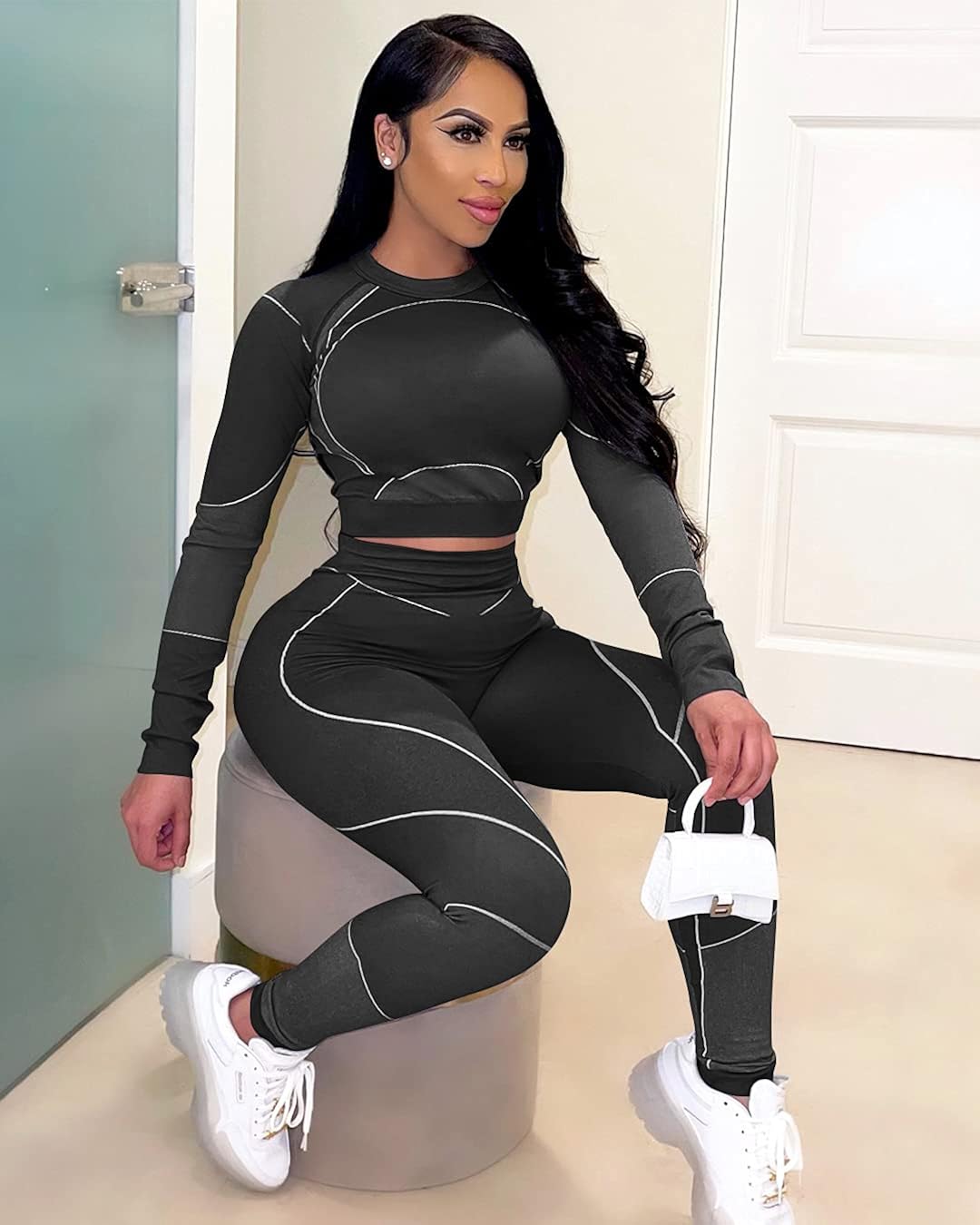 OYS Workout Sets for Women 2 Piece Outfits Seamless High Waist Yoga Leggings Running Sports Long Sleeve Gym Clothes