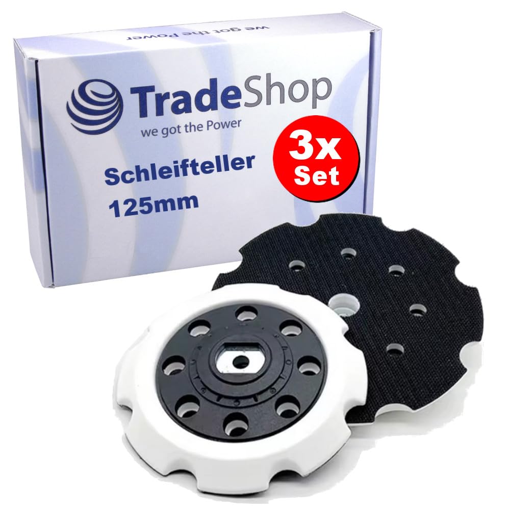 3 x Trade-Shop 8-otworowy talerz samoprzylepny na rzep 125 mm, talerz szlifierski kompatybilny z Makita PO5000C, PO6000C, DPO500Z, DPO600Z, DPO600TKX1 polerka mimośrodowa