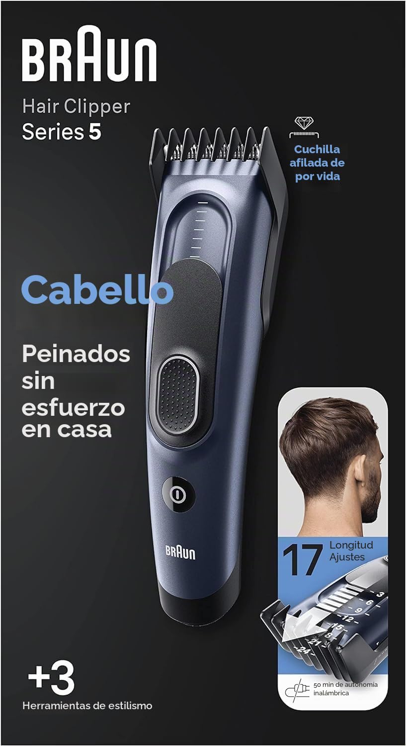 Braun Cortapelos Hombre Series 5, HC5350, Azul | Máquina Cortar Pelo Inalámbrica con 17 Ajustes de Longitud, 2 Peines Y Estuche, 50 Min de Autonomía, Memoria SafetyLock
