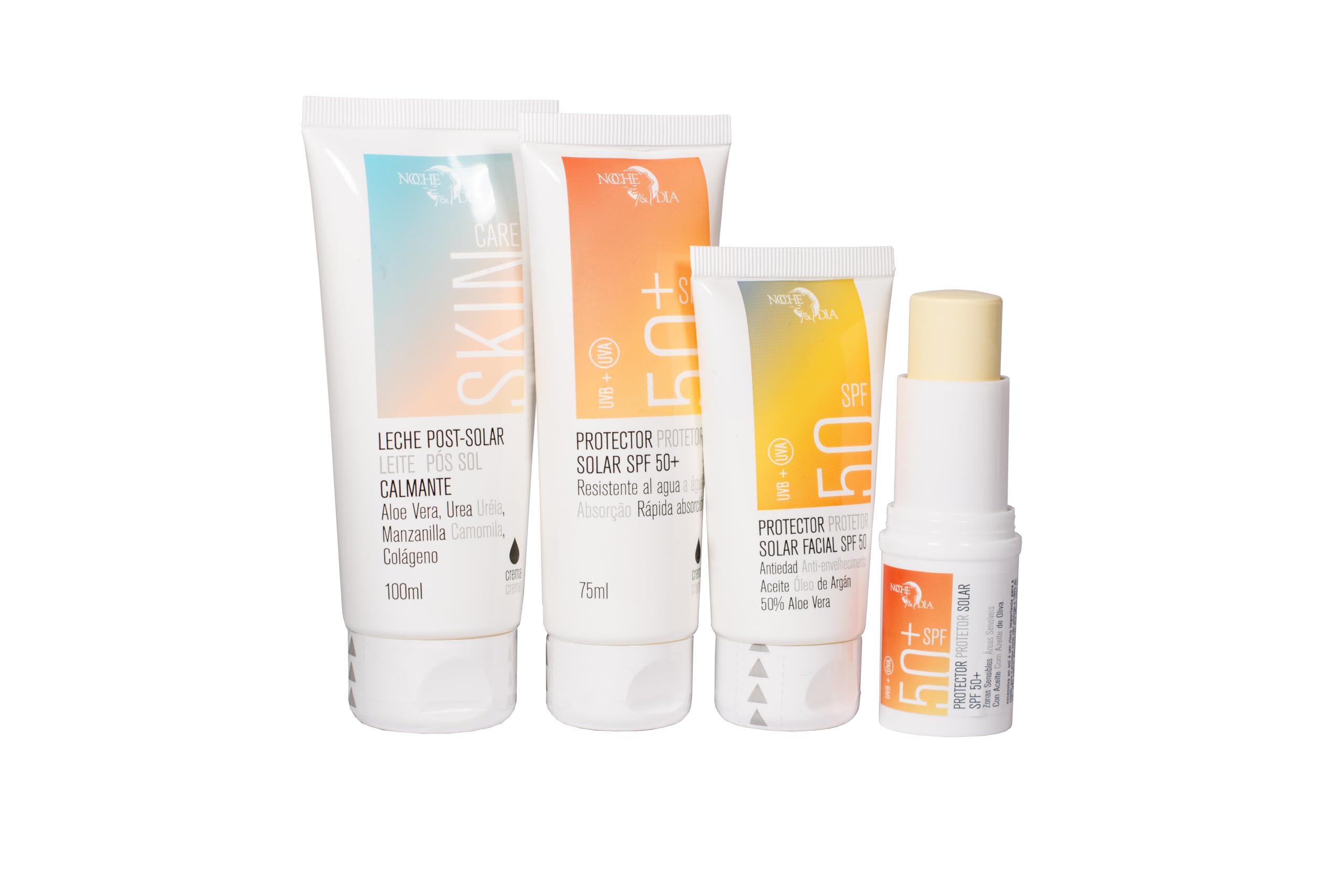 Protección Solar Pack para viajar. Crema Solar 50+ 75ml, Protector Solar Facial 50 50ml, Alfer Sun 100ml y Stick Zonas Sensibles 50+ 13g. Apto para viajar en avión. Marca Noche y Día. Regalo Neceser