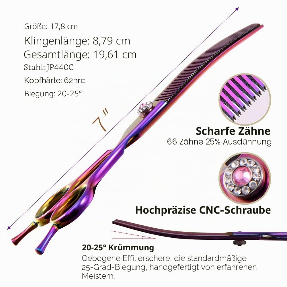 Professionelle Fellschere für Hunde, gebogene Effilierschere, 17,8 cm, extrem scharfe Klingen, 440C-Stahl, langlebig, glatte Bewegung und feiner Schnitt für Hunde und Katzen (mehrfarbig)