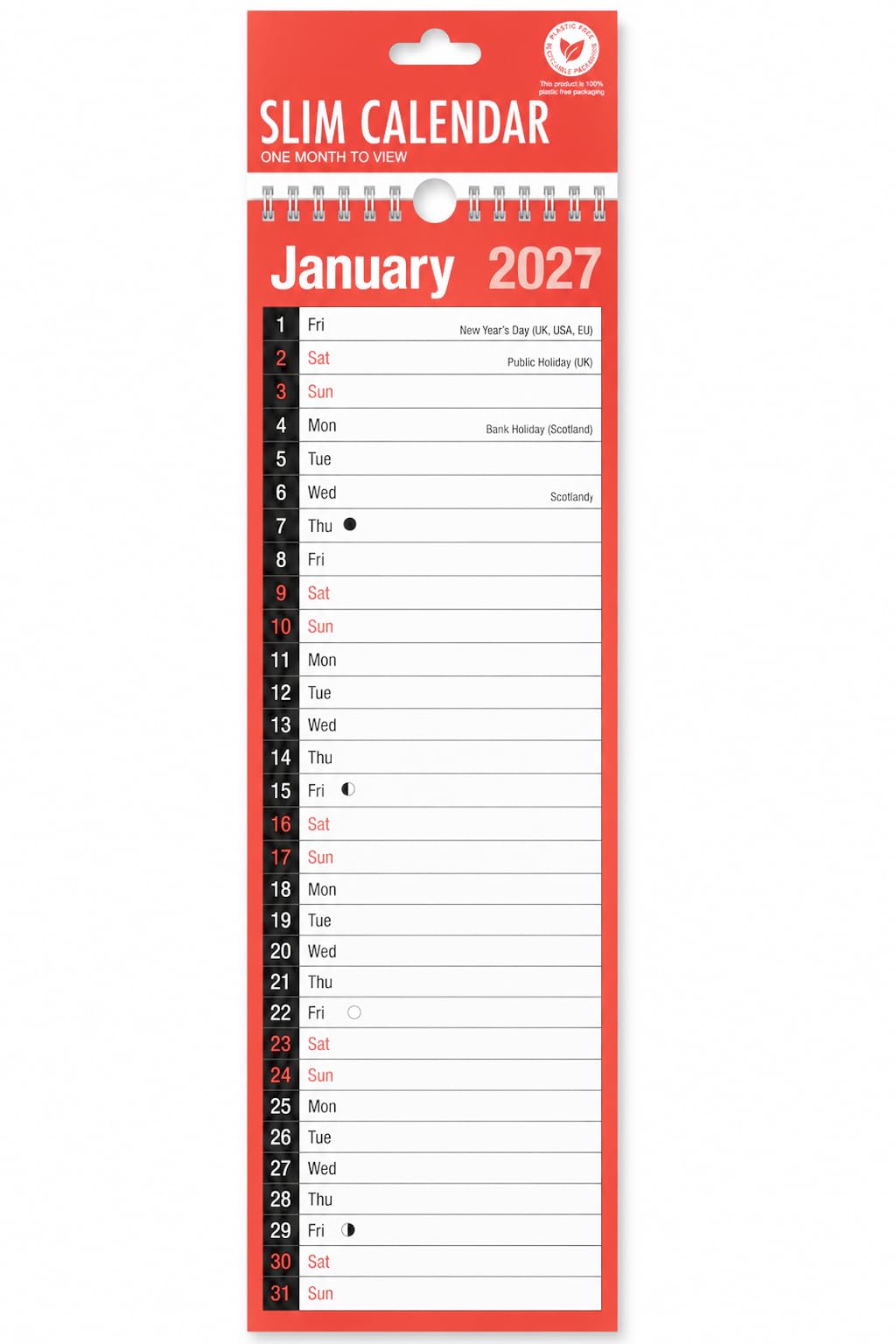 2027 Calendar Slim Calendar - Month to View Spiral Bound Wall Hanging Wall Planner & Personal Organisers with Large Written Space, Moon Phases UK Holidays for Home Business Office School โ image 1