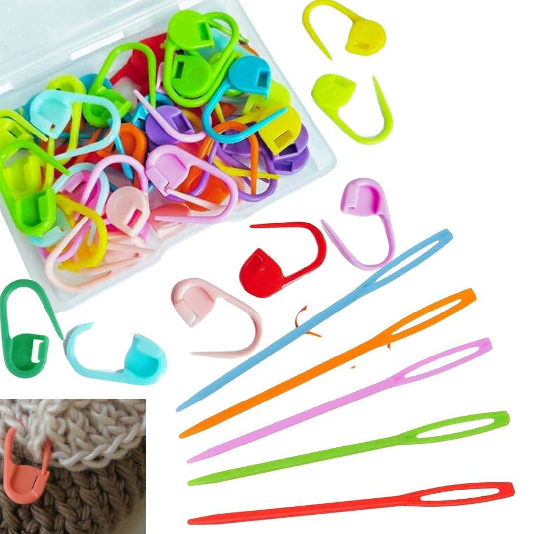 HUEART 25 Pcs Crochet Pins with 5 Pcs Plastic Sewing Needles Set | Knitting & Crochet Accessories Kit | Hand Sewing Material Combo for Wool, Yarn, Fabric, Craft and DIY Projects-image-8