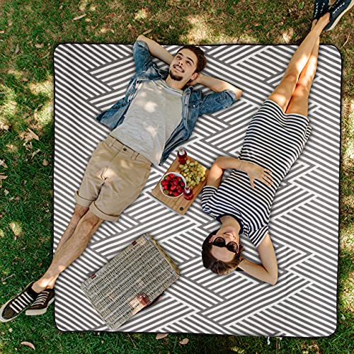Relaxdays Picknickdecke XXL, 200 x 200 cm, wärmeisoliert, Faltbare Stranddecke, wasserdicht, mit Tragegriff, grau-weiß