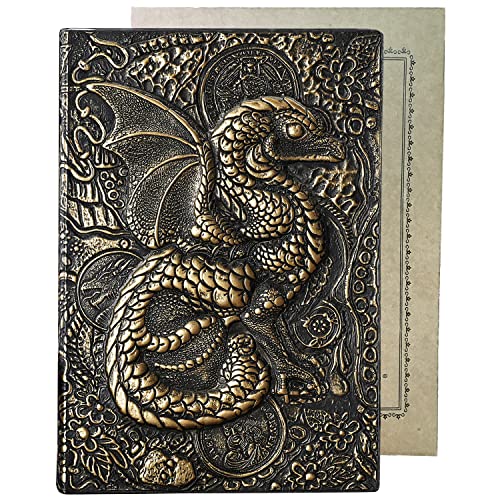 YHH Taccuino A5 Righe Copertina Rigida, Rilievo, Fatto a Mano, Copertina in Cartoncino & Pelle, Pagine Ingiallita e Crema, Regalo Migliore Amica Originale Utile, Regalo Donna Uomo Laurea Drago1 Bronzo