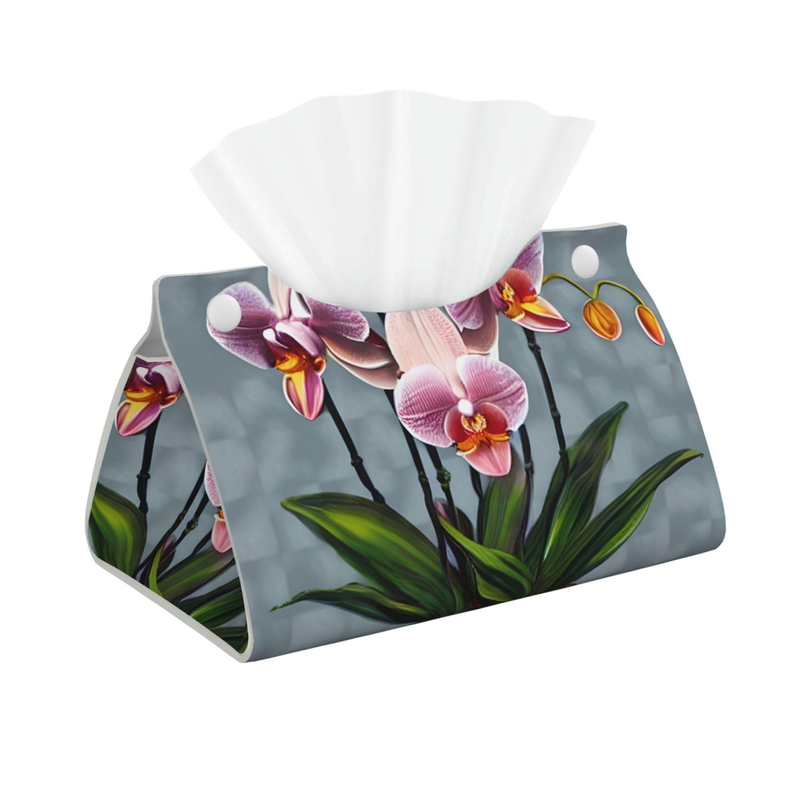 Blooming Orchids Long Leather Tissue Box Cover-Waterproof PU Leather Tissue Holder for Bathroom, Decorative Rectangular Tissue Case