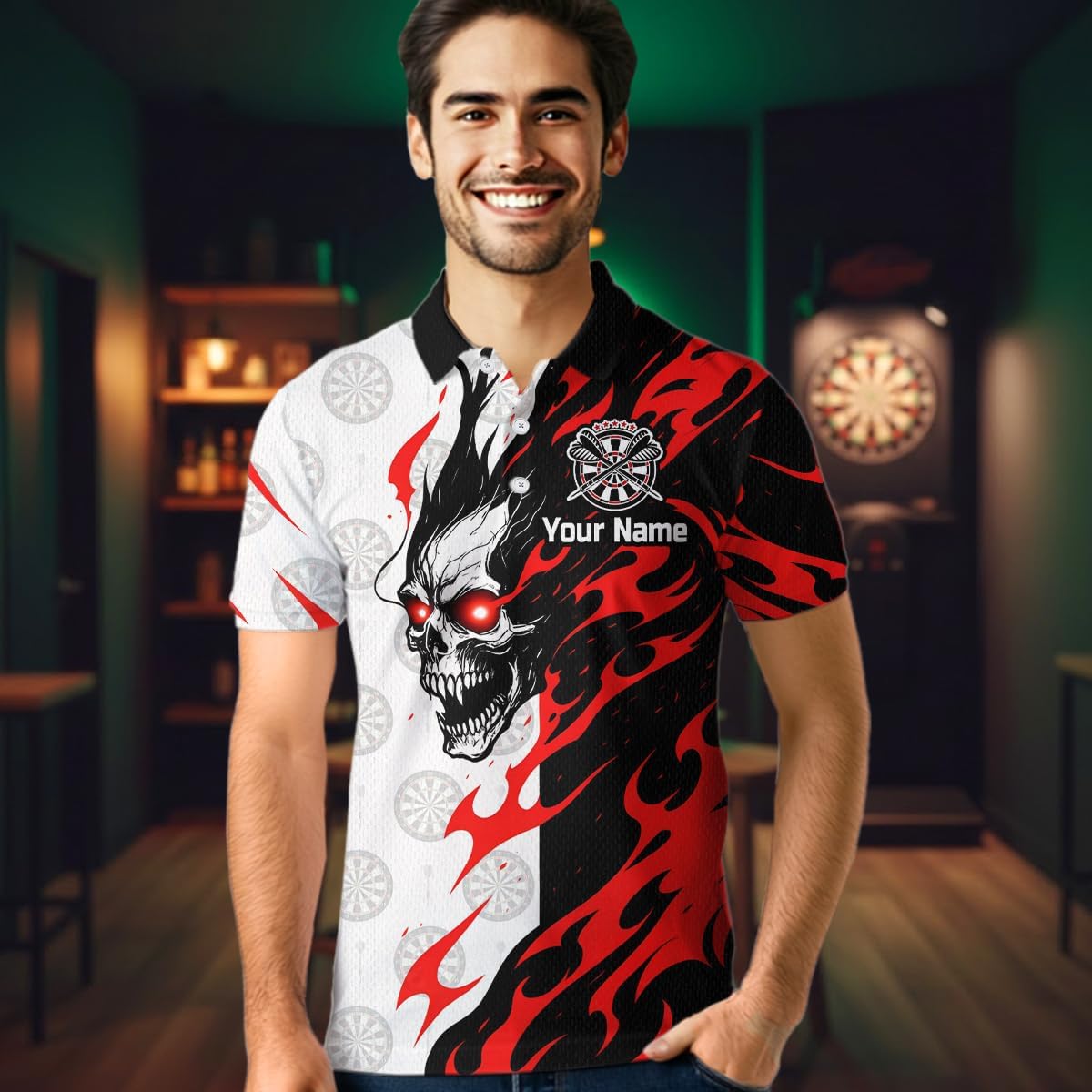Red and Black Flaming Dart Shirt for Team Men Women Dart Shirts Custom Dart Jersey Dartboard Shirt Polo and Quarter-Zip Shirt
