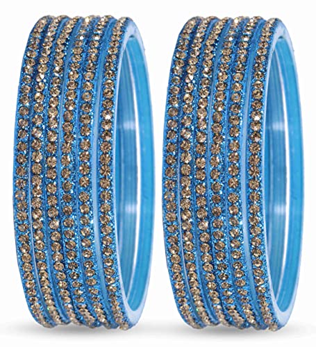Image of NMII Glass with Zircon Gemstone and Beads Studdded Glossy Finished Traditional Bangle Set For Women and Girls