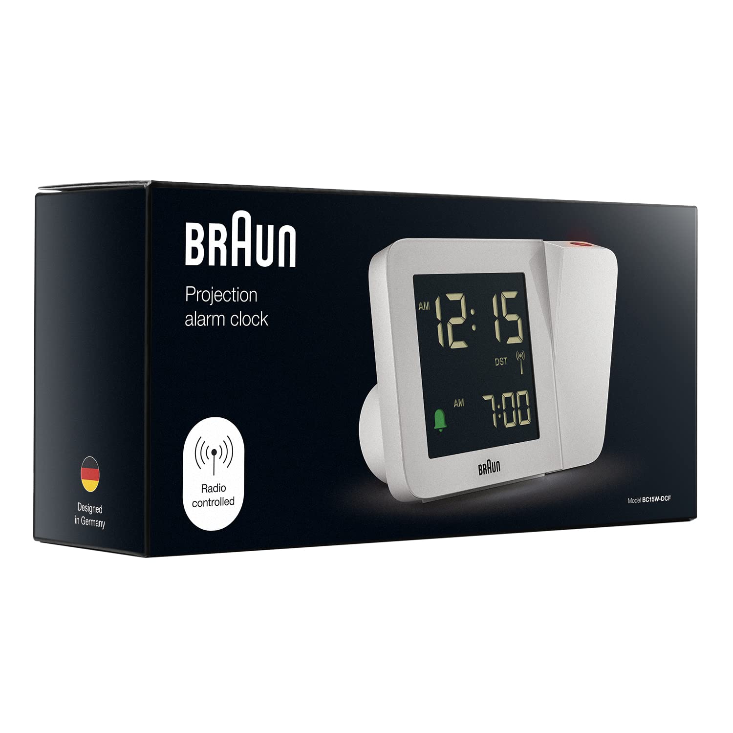 Braun Digitaler Funk-Projektionswecker für die mitteleuropäische Zeitzone (DCF) mit negativem LCD-Display, Schnelleinstellung und Alarm-Piepton in Weiß, BC15W-DCF.