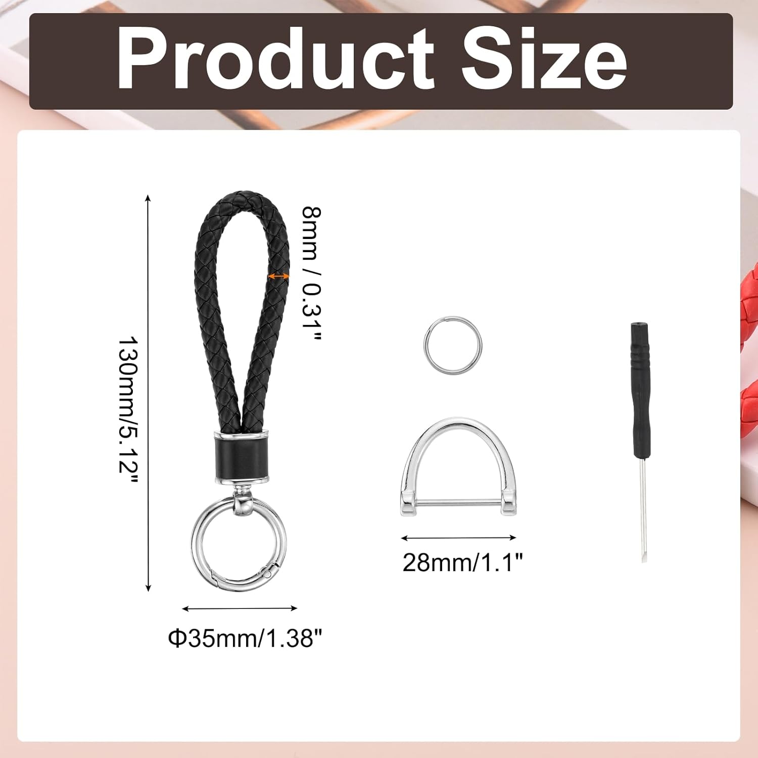 MECCANIXITY Weave Key Chain Ring Braided Rope Leather Keychain with 360 Degree Rotatable D-ring and Screwdriver Zinc Alloy