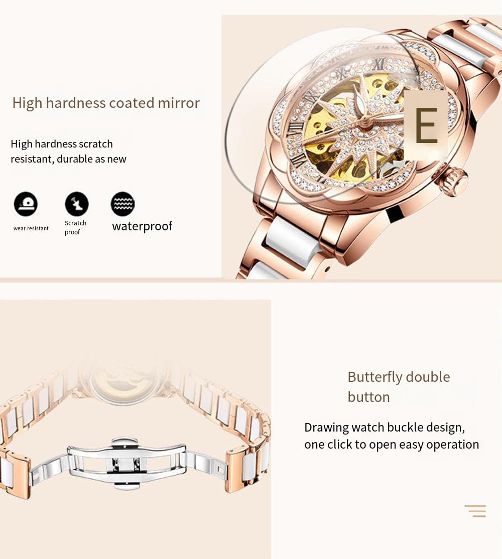 BESTKANG Reloj de pulsera de lujo para mujer, con diamantes de imitación de cerámica, color blanco, reloj mecánico automático para mujer