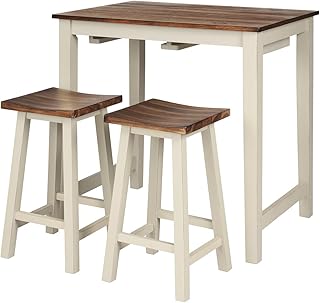 GiantexUK 3-Piece Bar Table Set, Space-Saving Dining Room Table and Chairs with Footrest, Wooden Kitchen Breakfast Bar Table and 2 Saddle Stools Set for Living Room Home Pub