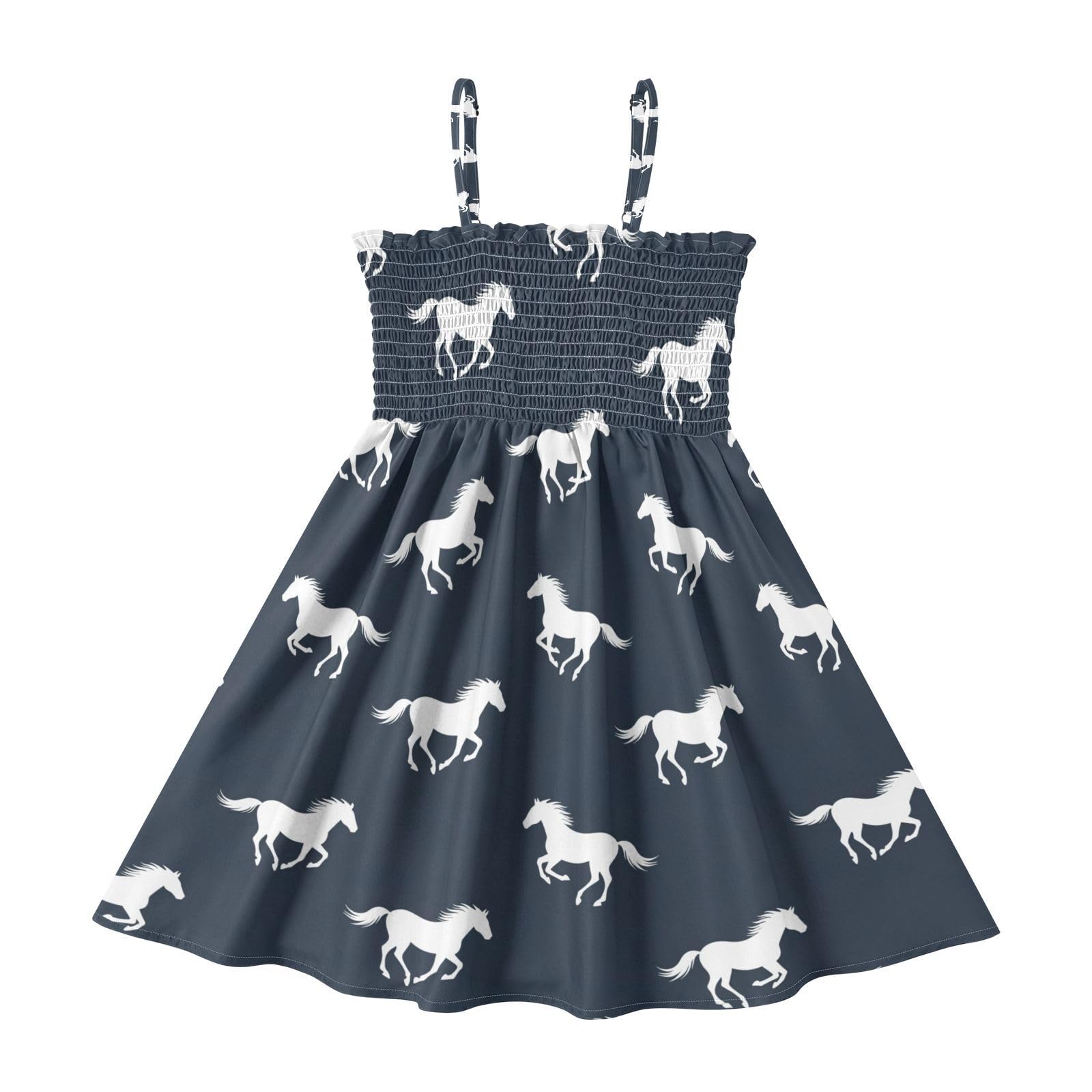 Cartoon Horse Navy Blue Print Girls Summer Dress Spaghetti Strap Smocked Ruffle A-Line Tw…