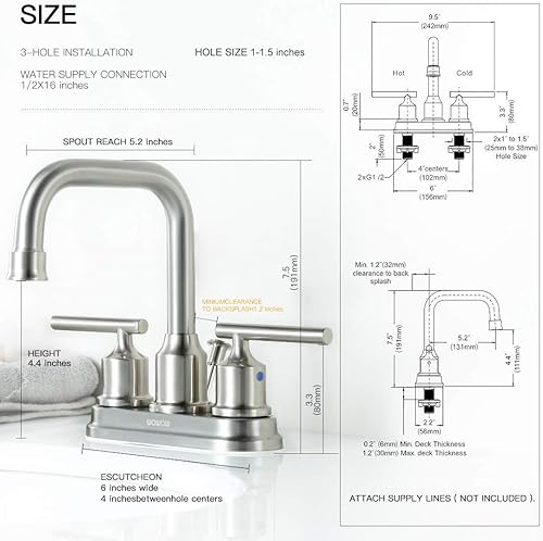 Miniatura 10 de WOWOW Grifo de baño dorado cepillado de 4 pulgadas, grifo de lavabo de 3 agujeros, grifos de baño para lavabo, grifo de tocador de 2 manijas con