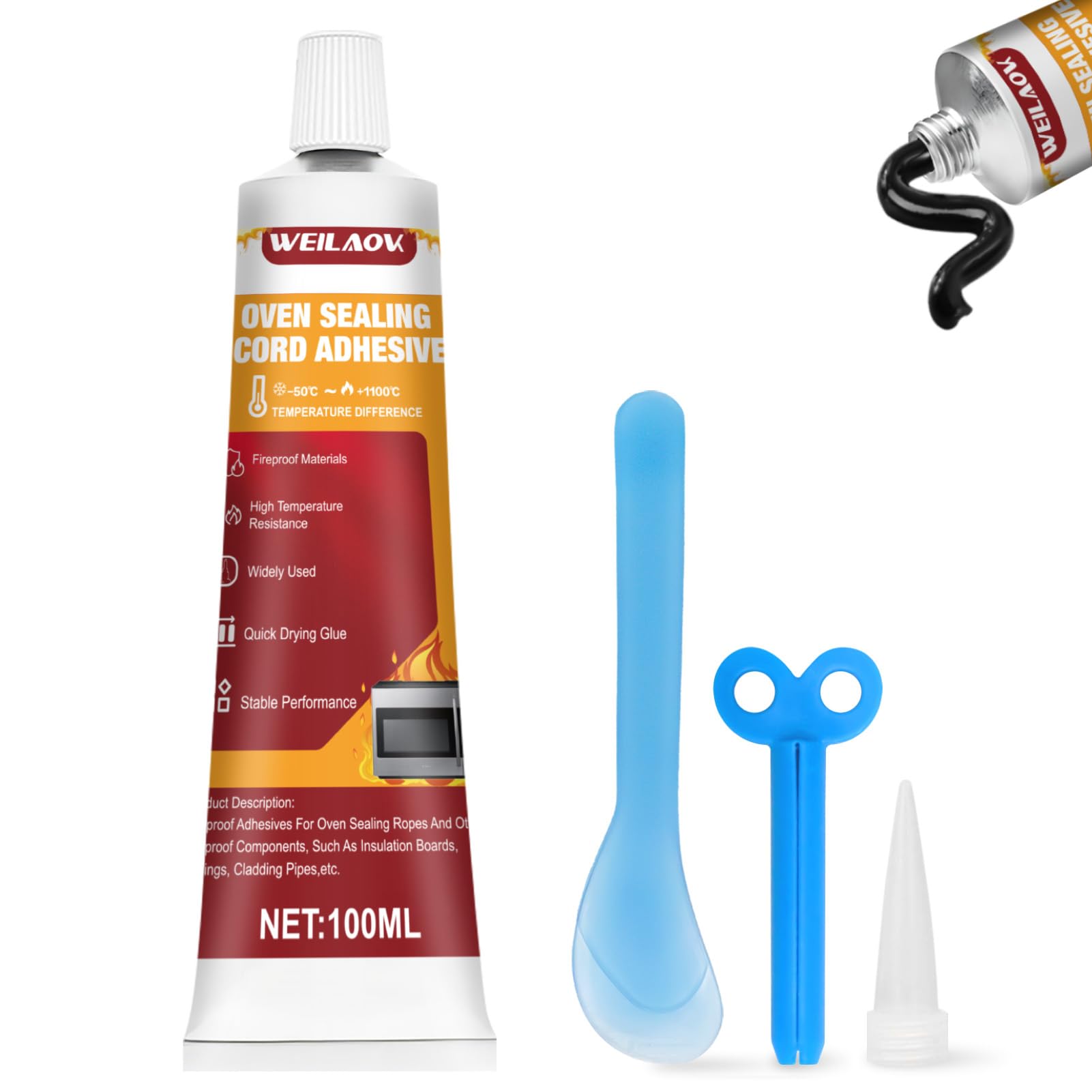 WEILAOK High Temperature Silicone Sealant, Heat Resistant Glue, Black Heat Resistant Silicone, Oven Glue for Sealing Glass Cooktops, Fireplace, Grill, Microwave Kitchen Fittings, 100ml