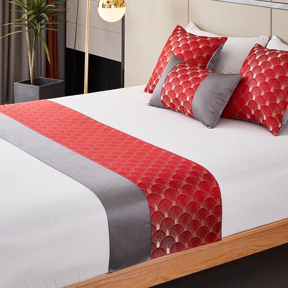BARDYS Bed Runners And Matching Cushion Cover, Patchwork Bed Runner Scallop Jacquard Modern Luxury Bed Scarf Hotel Guesthouse Bedding Decor (Color : Wine Red, Size : 50x260cm Bed runner)