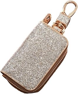 Fashion Glitter PU Leather Car Key Fob Leather Case Universal Zipper Closure Key Pouch Bag with Metal Hook Keychain-silver gold, One Size