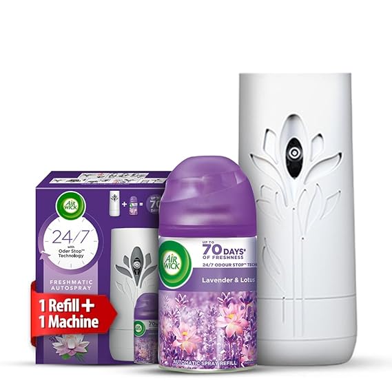 Air Wick Lavender & Lotus Refill + Automatic Spray - 250 ml | Freshmatic Air Freshener Kit | 2600 Sprays Guaranteed |Automatic Room Freshener, Bathroom Freshener and Room Spray