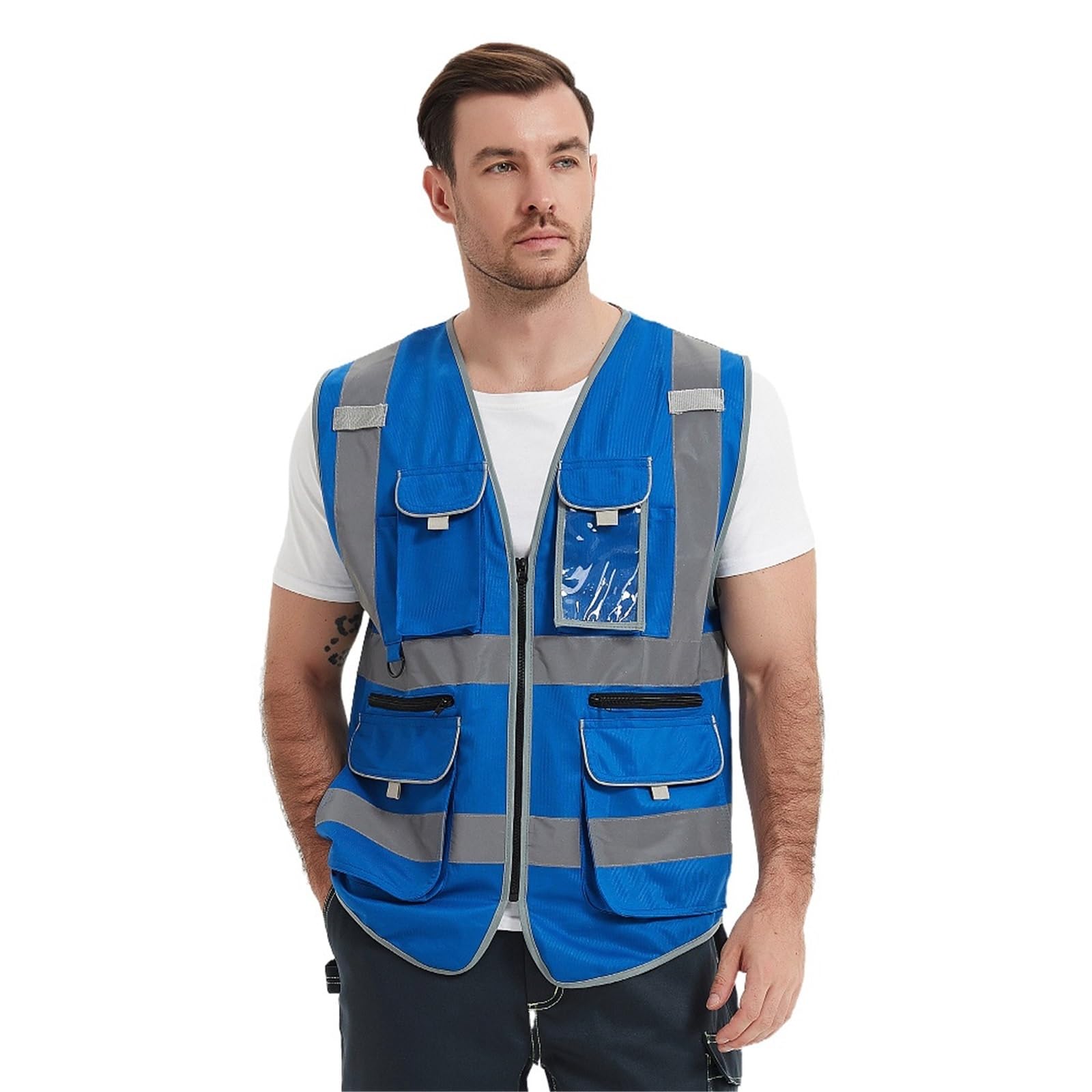 Chaleco Reflectante de Seguridad Azul/Negro con múltiples Bolsillos y Cremalleras for Hombres en Trabajos construcción(Blue,L)