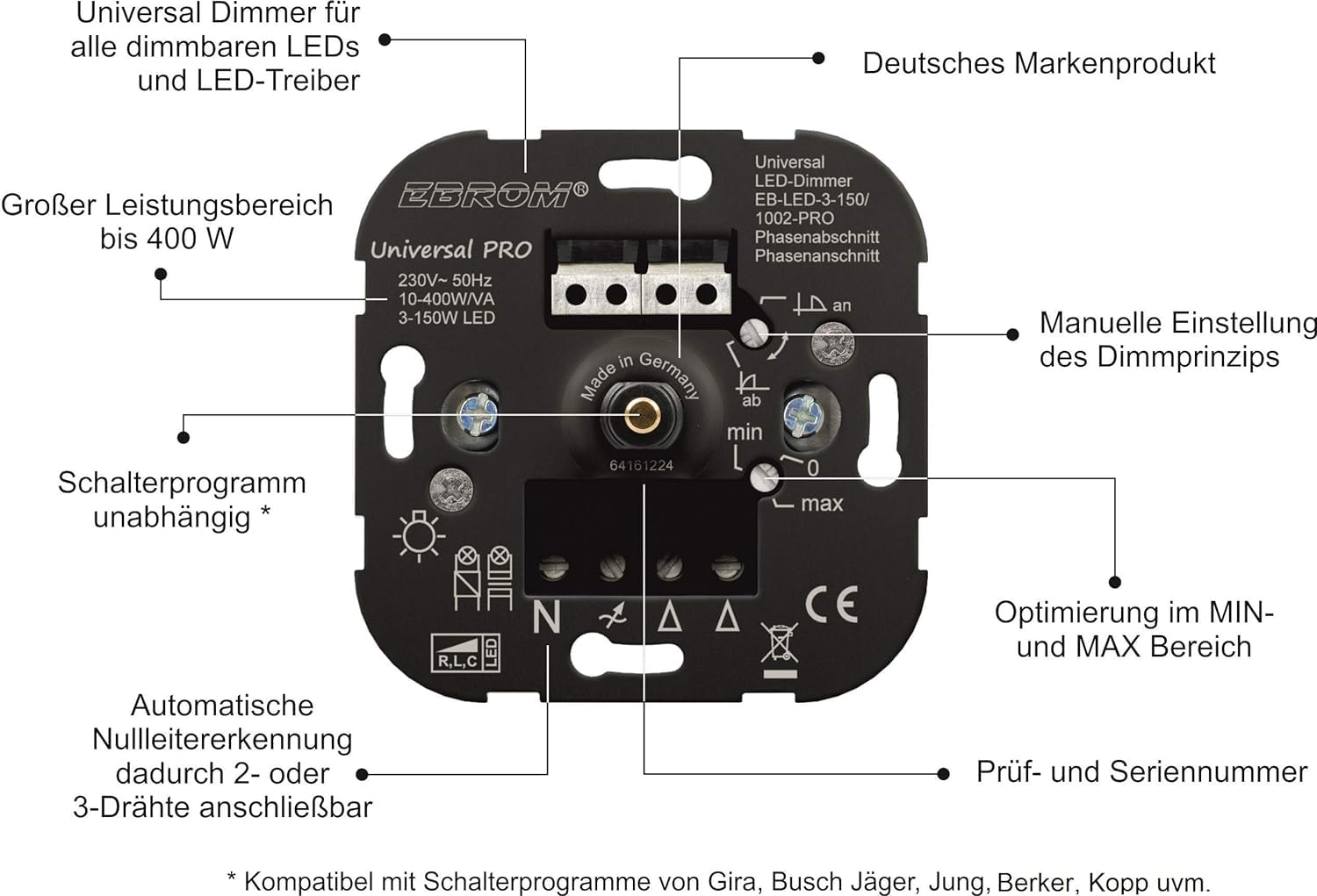 EBROM 1002 Universal PRO LED Drehdimmer Dimmer + Busch Jäger Dimmerscheibe 2115-914 und 2 x Lichtschalter 2000/6 US in Balance Si alpinweiß glänzend inklusive EBROM Phasenprüfer zur Montage der Geräte