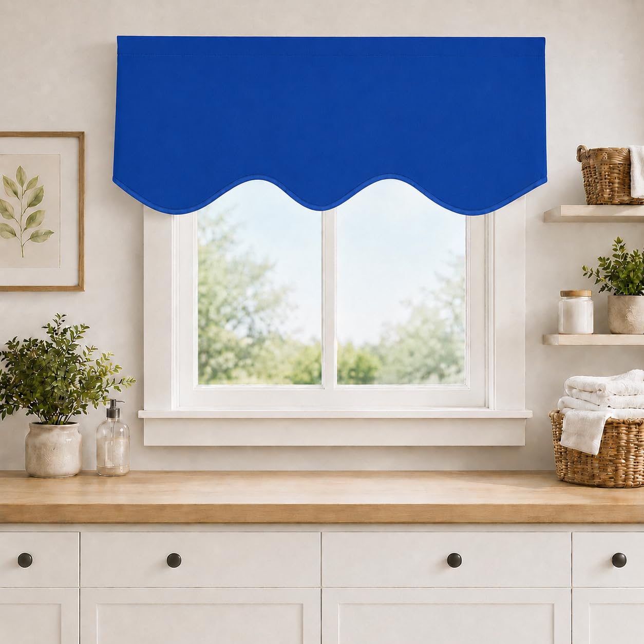 Aquazolax Royal Blue Kitchen Window Valance, Blackout Solid Scalloped Window Curtain Valence Drapes for Living Room Dining Room Bedroom, 52 by 18 inch, Single Panel