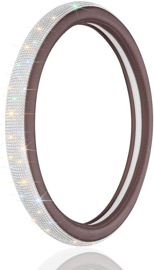 OTOSTAR Luxury Litchi Soft Leather Crystal Steering Wheel Cover, with 3444pcs Premium Bling Bling Full Diamond 15 inch (Brown)