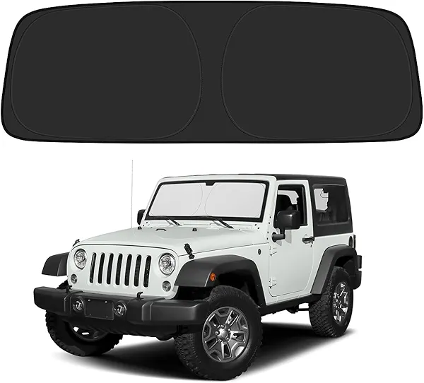 BIBLOZ Windshield Sun Shade for Jeep Wrangler TJ JK JL & 2020-2025 Jeep Gladiator Foldable Accessories with Storage Pouch PET Reflective Material Sunshade Keeps The Car Cool Inside