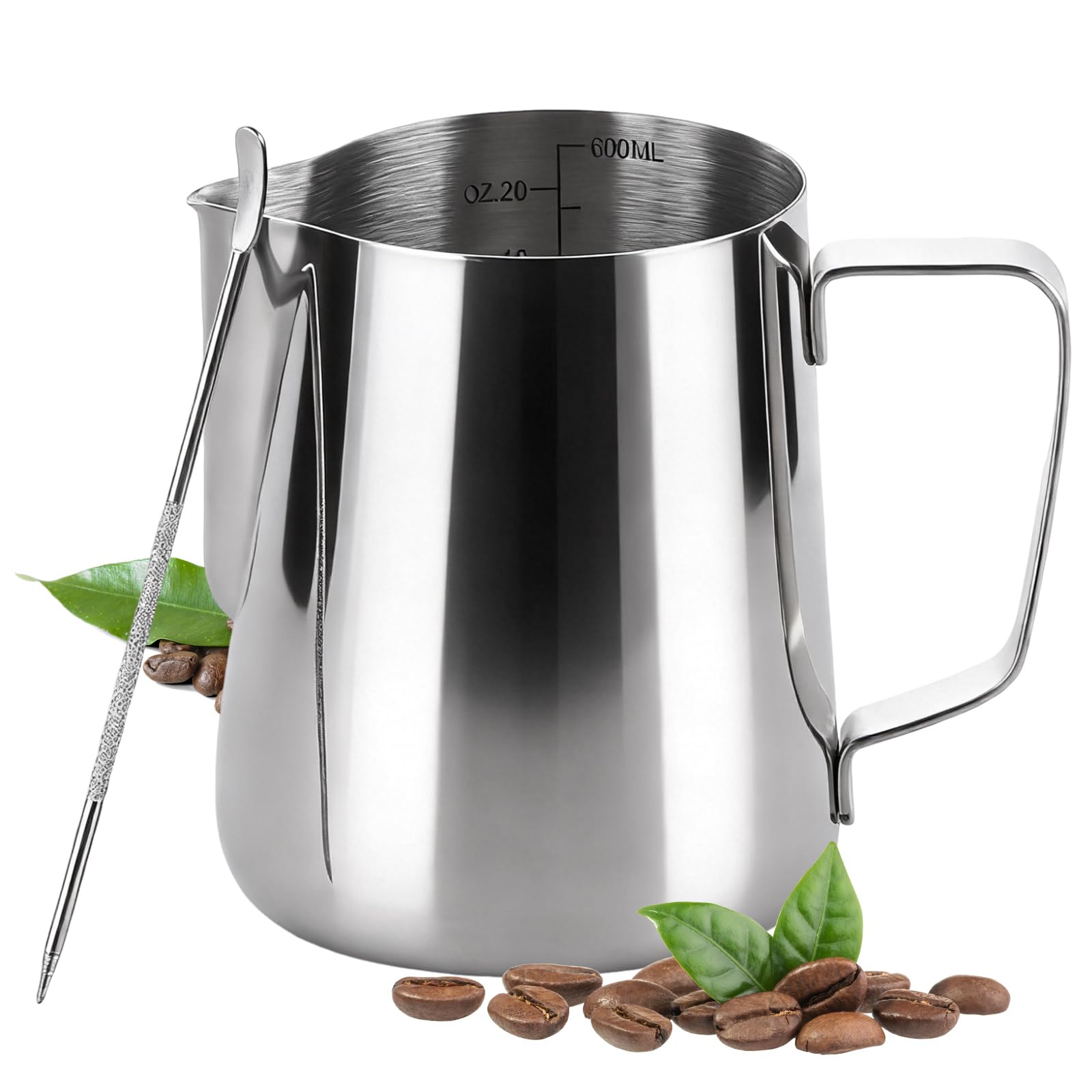 Milk Frothing Pitcher, 600ml/20oz 304 Stainless Steel Coffee Jug with Measurement Marks & Latte Art Pen, Ideal for Crafting Latte Art, Cappuccino, Perfect for Home Baristas & Coffee Enthusiasts