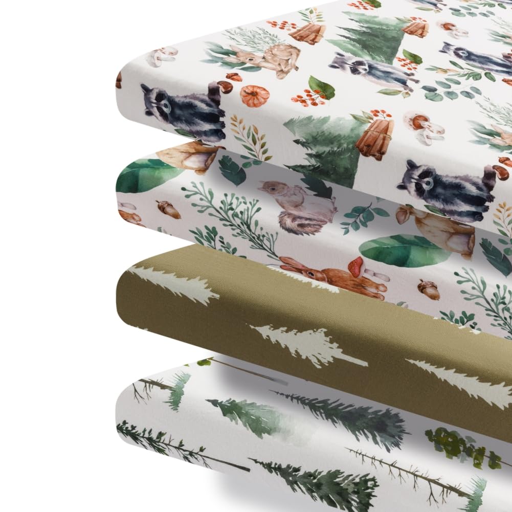 N Play - Juego de 4 sábanas bajeras unisex con diseño de animales del bosque del bosque, para bebés y niñas (mapache)