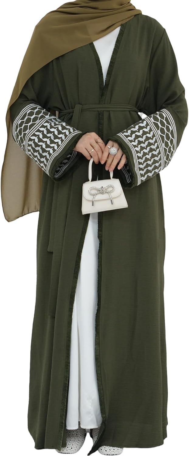 Muslim Abayas for Women Long Sleeve Embroidered Open Front Cardigan Turkey Dubai Maxi Kaftan Dress Ramadan Kimono with Belt
