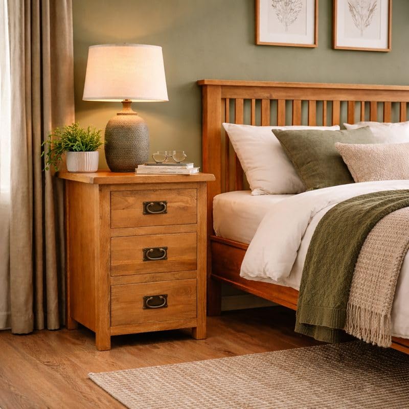 Oakcroft 3 Drawer Tall Cabinet – Jumbo Rustic Wood Tall Bedside Chest with Dark Metal Handles – Fully Assembled