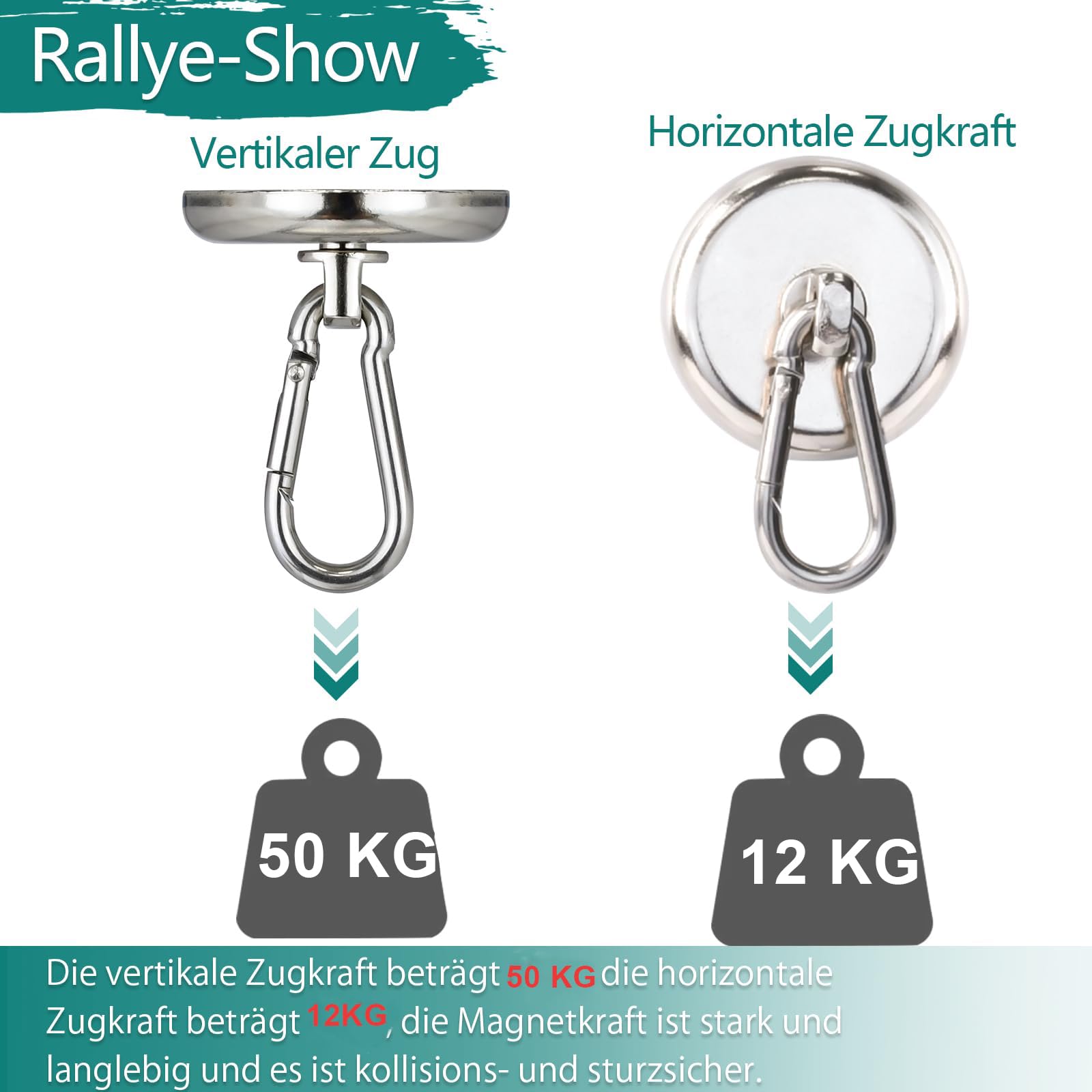 FPMYB 2 sztuki haków magnetycznych, ekstra mocne, 42 mm, magnesy neodymowe z karabińczykiem, 50 kg, obracane o 360°, magnesy do kuchni, na kemping, do garażu, biura, na lodówkę