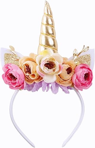 Diadema de cuerno de unicornio con purpurina para niñas, diadema de camelia pony, banda para el pelo de flores, tiara para fiesta, regalo de