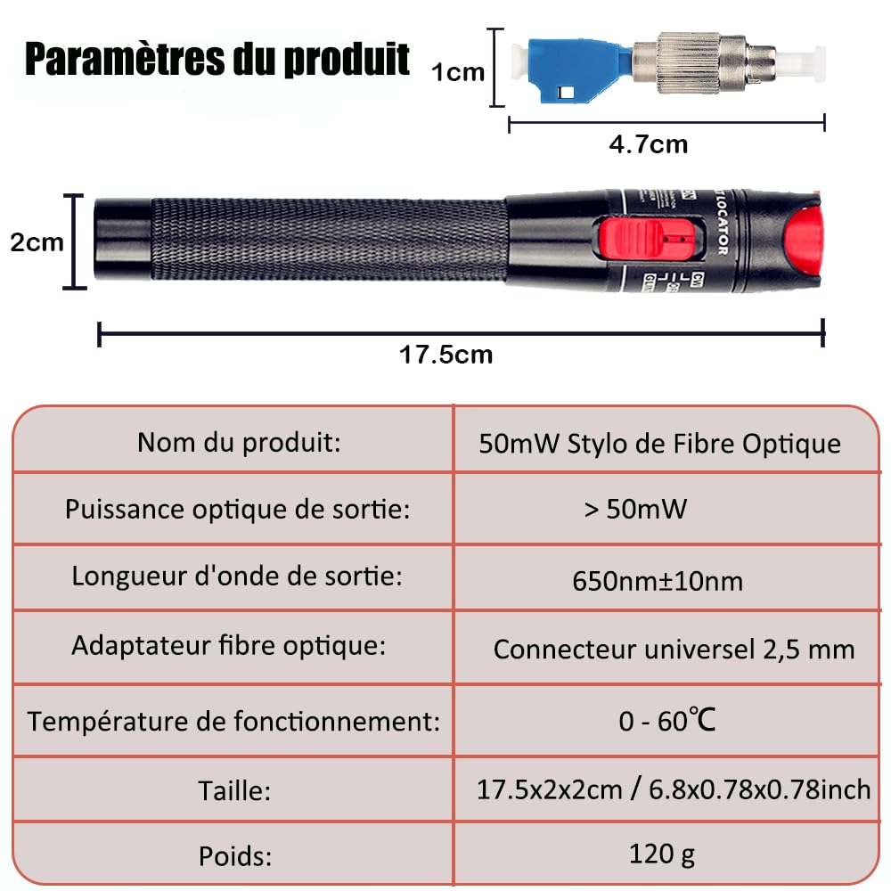 Tester di Cavo a Fibra Ottica, Penna FTTH, Localizzatore Visivo di Guasti 50KM 50mW con Adattatore FC-LC per Ingegneria a Fibra Ottica