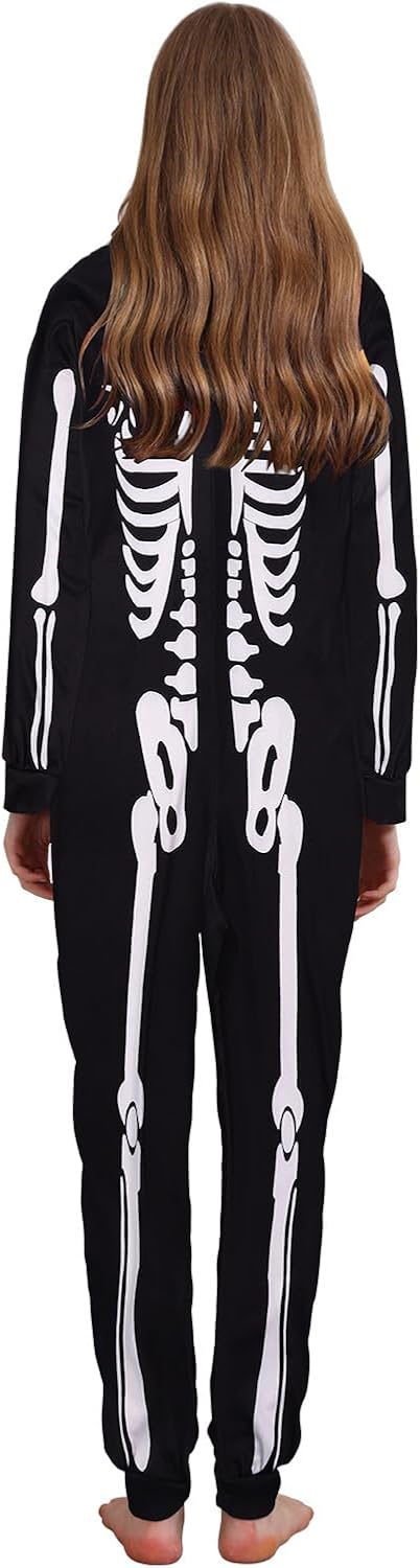 Patgoal Halloween Skeleton Costumes Matching Family One Piece Hooded Jumpsuit Bodysuit for Men Women Kids Couples Adult