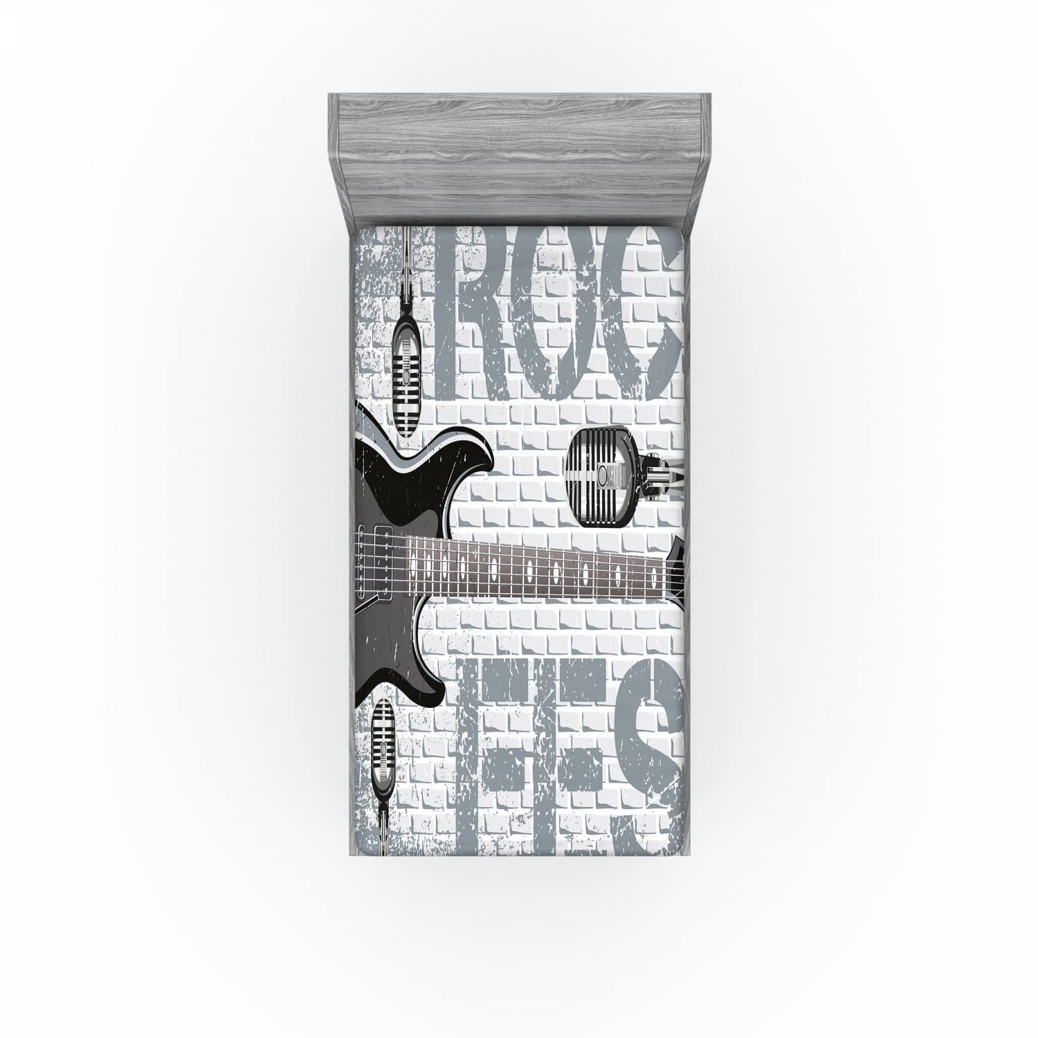 Ambesonne Rock Music 2 Pack Fitted Sheet, Guitar on Brick Wall, Bed Cover All-Round Elastic Deep Pockets 2 Pieces, Package Contains 2 Twin Size Fitted Sheets, Bluegrey