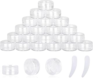 25PCS 3 Gram Sample Containers, 3ml Empty Jars with Lids, Small Cosmetic Containers, Mini Sample Jars with 2PCS Mini Spatulas for Make Up, Oils, Lotion, Powder, Paint, Jewelry, Lip Balms(Clear Lid)
