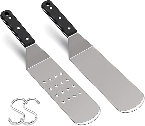 HaSteeL - Juego de espátulas de metal, espátula de acero inoxidable con mango de madera, resistente y larga para panqueques, girador de hamburguesas