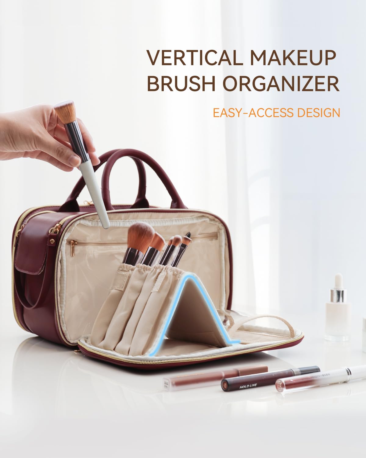Prite Beauty case da donna, grande capacità, impermeabile, da viaggio, borsa da toeletta aperta e piatta, con supporto per pennelli e manico autoportanti, Borgogna, Large, moderno