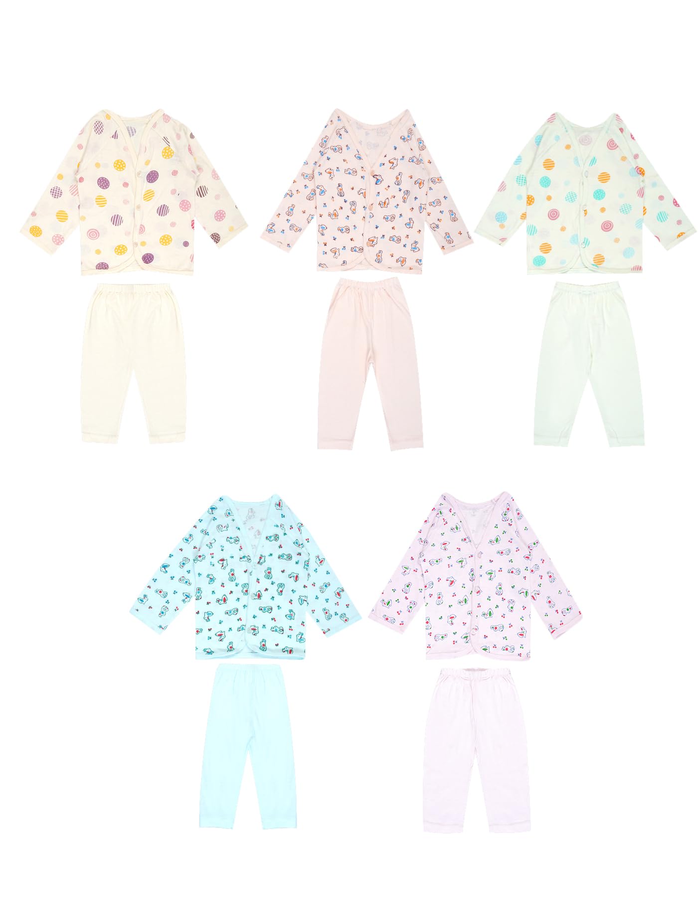 Breezeway ScreensUnisex Cotton Solid New Born Top And Bottom Pant Set Full Sleeve Combo Of 5 Set Suits For 0-6 Month Babies, Assorted